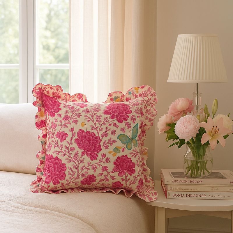 THROW PILLOW Petal Charm Pink Floral with Frill Edges Cushion Cover (12x12 inches)