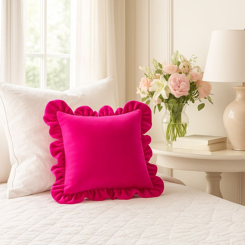 THROW PILLOW Blushing Ruffles Hot Pink Cotton with Frilled Edges Cushion Cover (12x12 inches)