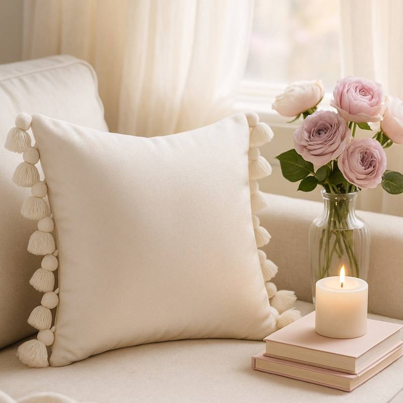 THROW PILLOW Simply Serene Neutral Solid with Bud Tassels Cushion Cover (12x12 inches)