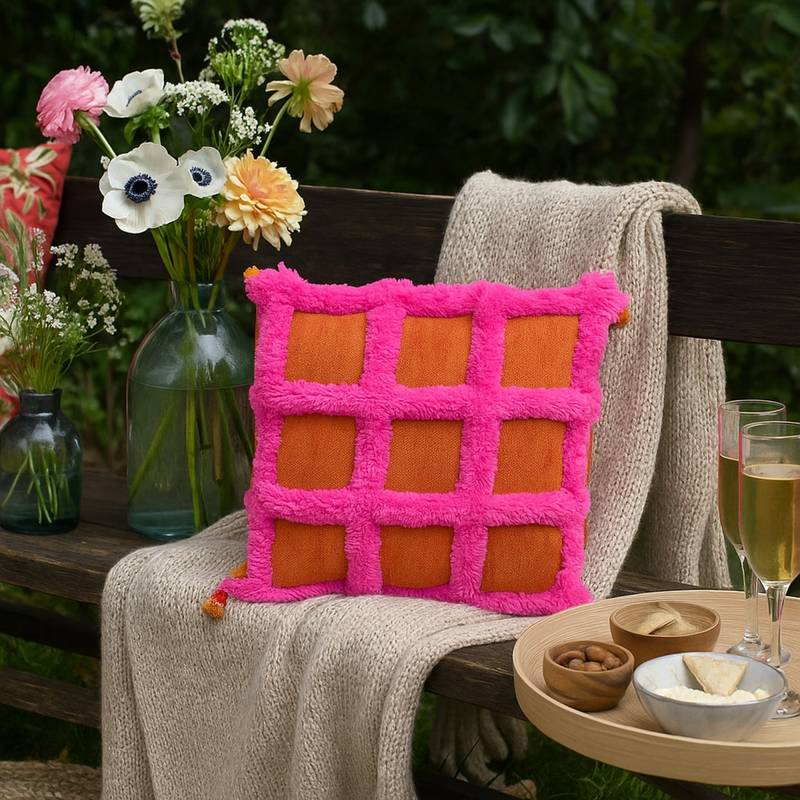 THROW PILLOW Fiesta Waffle Burnt Orange with Hot Pink Tufting Cushion Cover (12x12 inches)