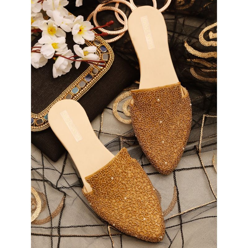 GLAM STORY Ethnic Embellished Mule For Women In Gold (EURO 36)
