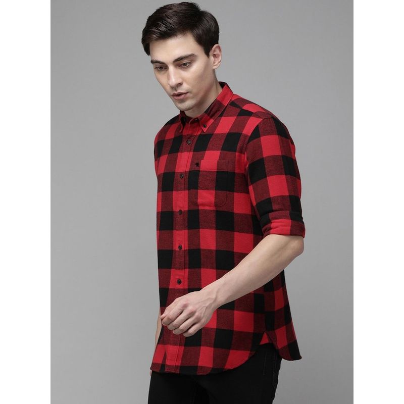 The Bear House Men's Red Checked Flannel Slim Fit Casual Shirt (L)