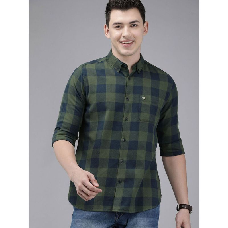 The Bear House Mens Green Checked Flannel Slim Fit Casual Shirt (2XL)