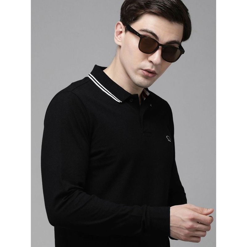 The Bear House Mens Black Long Sleeves Polo With Collar Tipping (M)