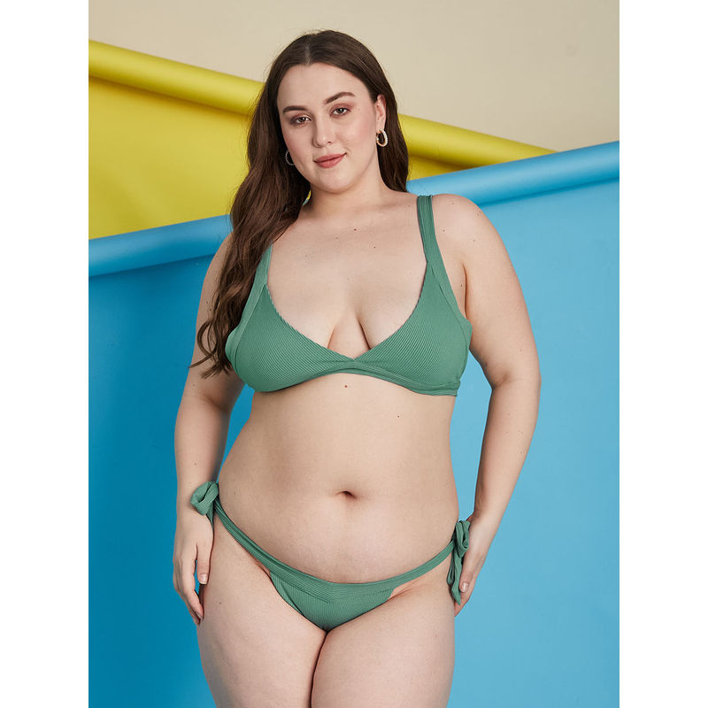 Secrets By ZeroKaata Green Plus Size Ribbed Beachwear Swim Bikini (Set of 2) (L)