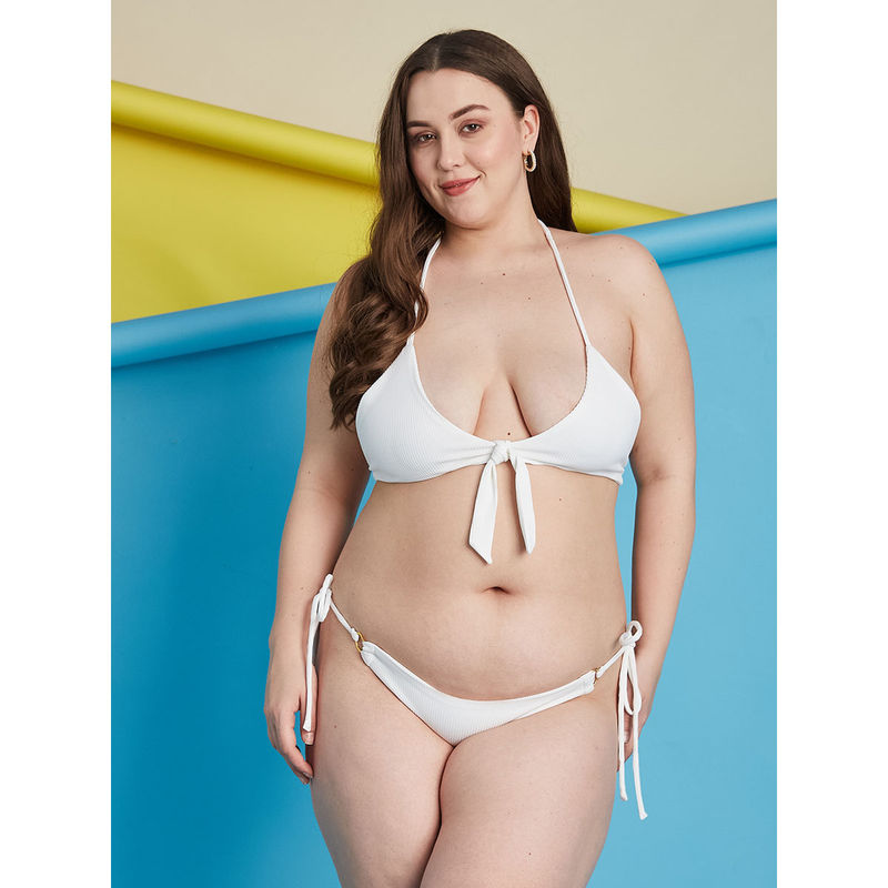 Secrets By ZeroKaata White Plus Size Ribbed Halter Beachwear Swim Bikini (Set of 2) (XL)