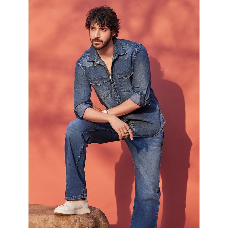 CRIMSOUNE CLUB Mens Navy Blue 100% Cotton Denim Shirt (L)