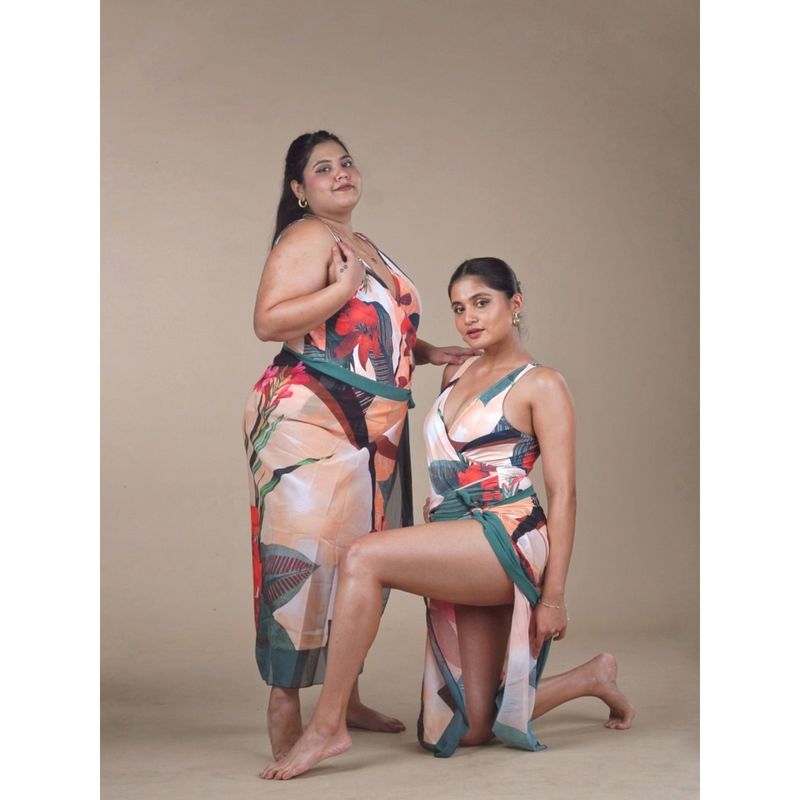 WomanLikeU Printed Padded Monokini With Sarong - Multi-Color (Set of 2) (L)
