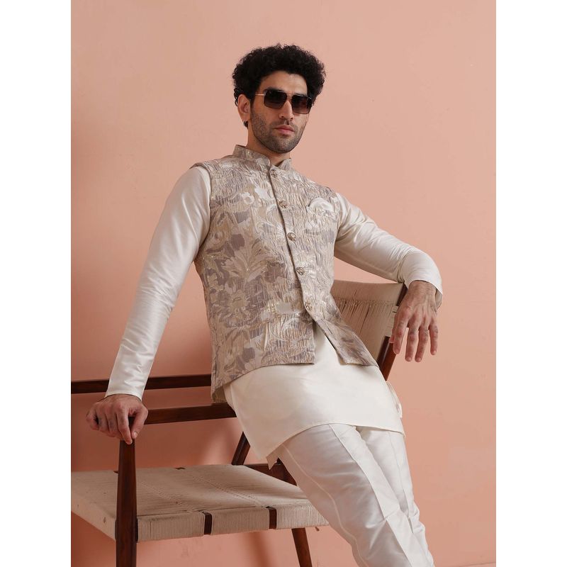 KISAH Men Beige Nehru Jacket with Floral Print - Stylish Traditional Wear (42)