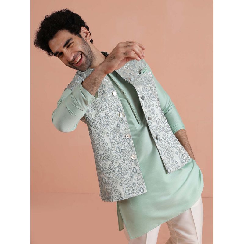 KISAH Men Mint Green Premium Fabric Printed Nehru Jacket (44)