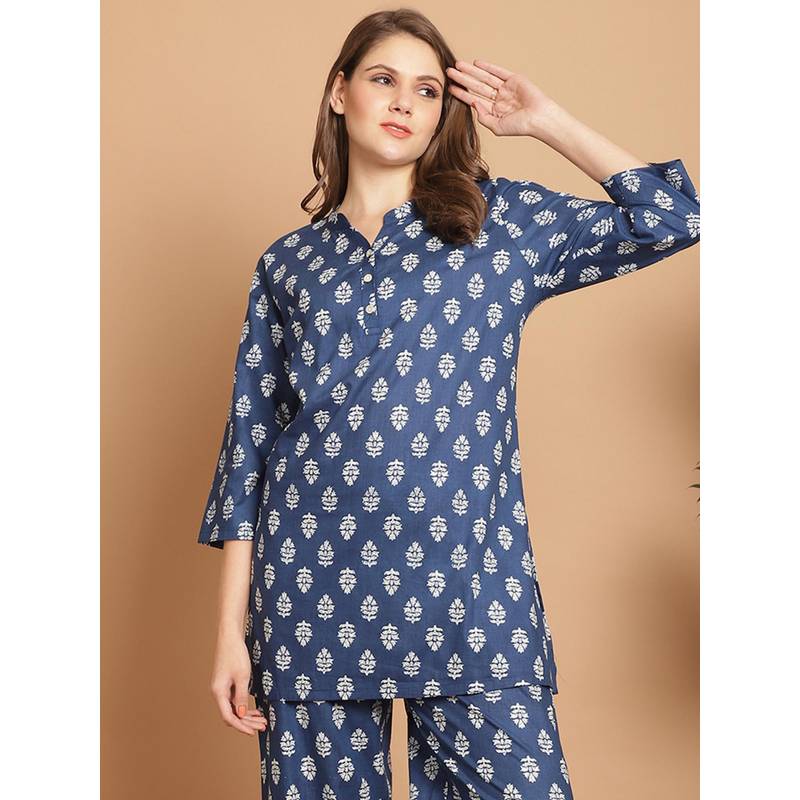 Indreams Summer Cotton Woven Floral Kurti Blue (5XL)
