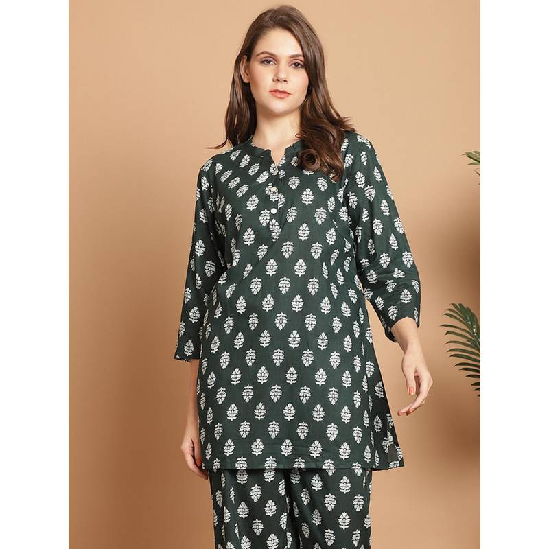 Indreams Summer Cotton Woven Floral Kurti Green (5XL)