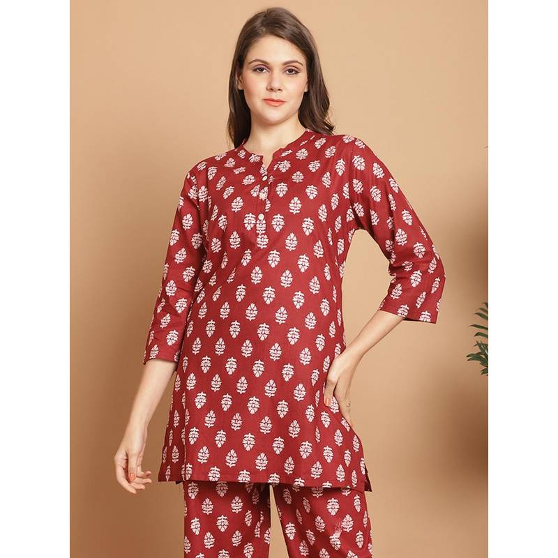 Indreams Summer Cotton Woven Floral Kurti Red (4XL)