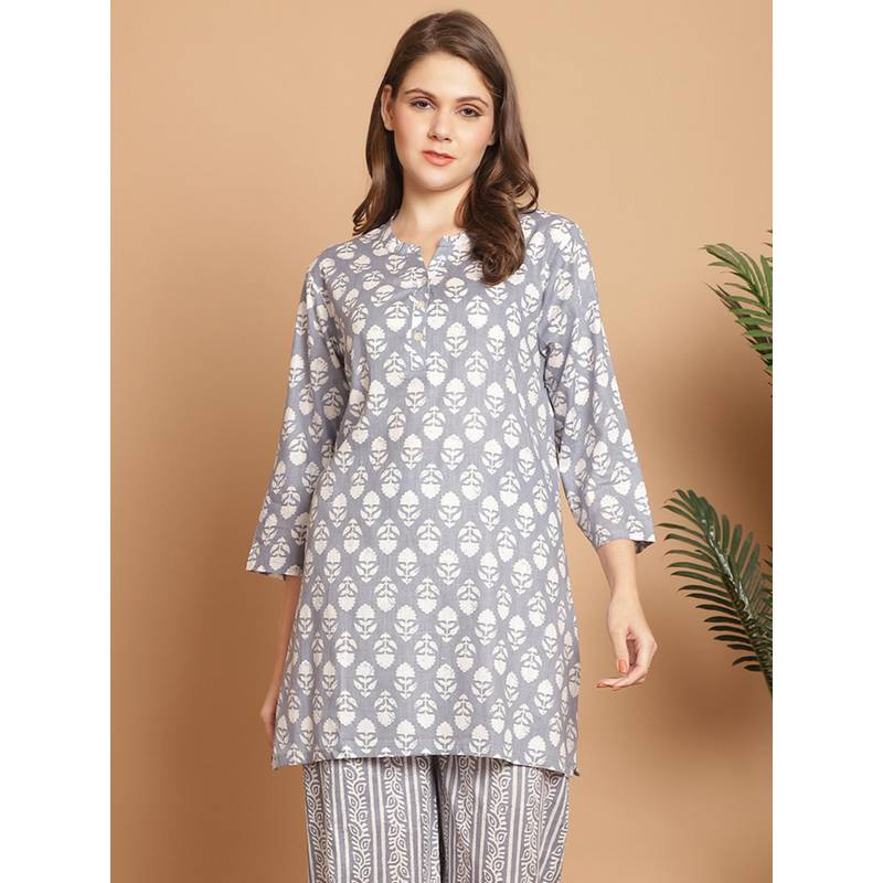 Indreams Summer Cotton Woven Kurti Grey (M)