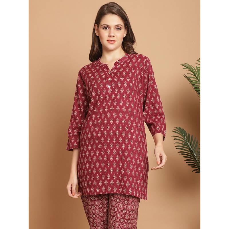 Indreams Summer Cotton Woven Kurti Red (M)