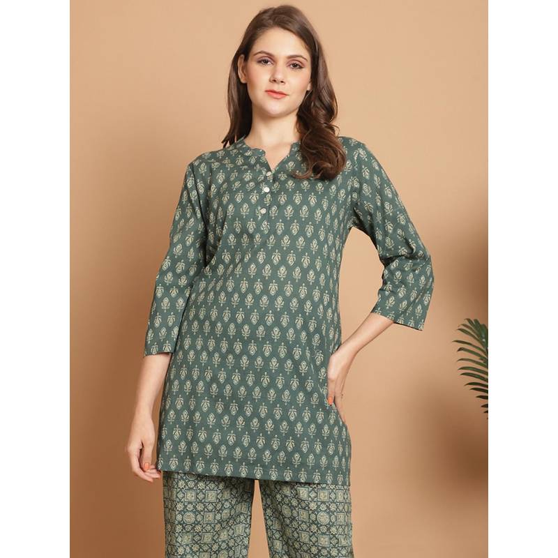 Indreams Summer Cotton Woven Kurti Green (L)
