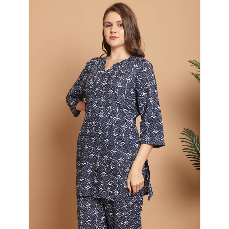 Indreams Summer Cotton Woven Kurti Blue (M)