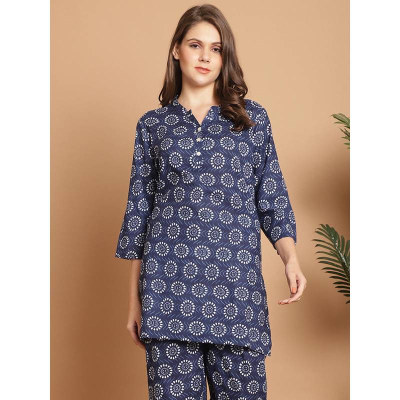 Indreams Summer Cotton Woven Kurti Blue (M)