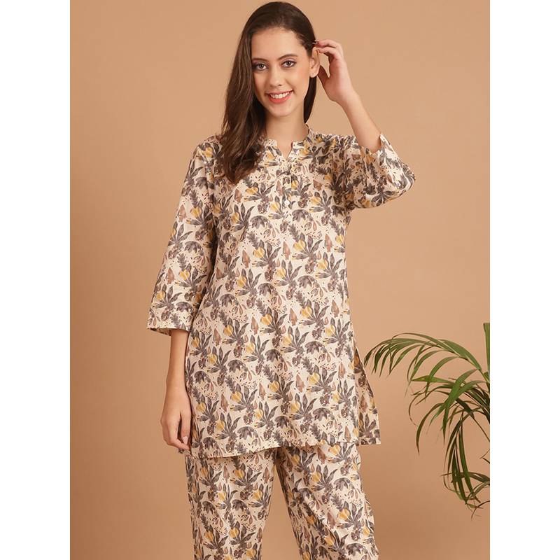Indreams Summer Cotton Woven Kurti Beige (M)