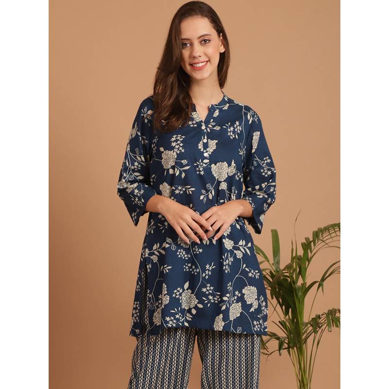 Indreams Summer Cotton Woven Kurti Blue (L)