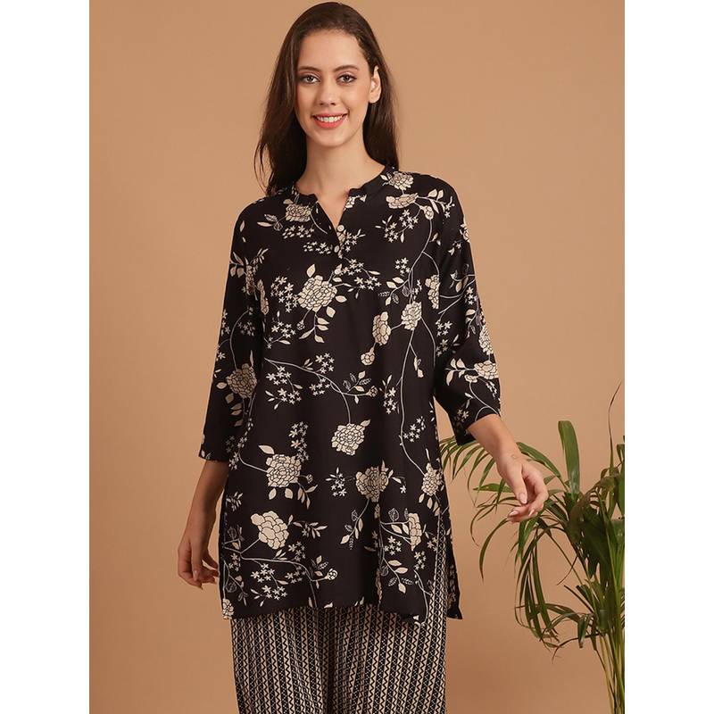 Indreams Summer Cotton Woven Kurti Black (4XL)