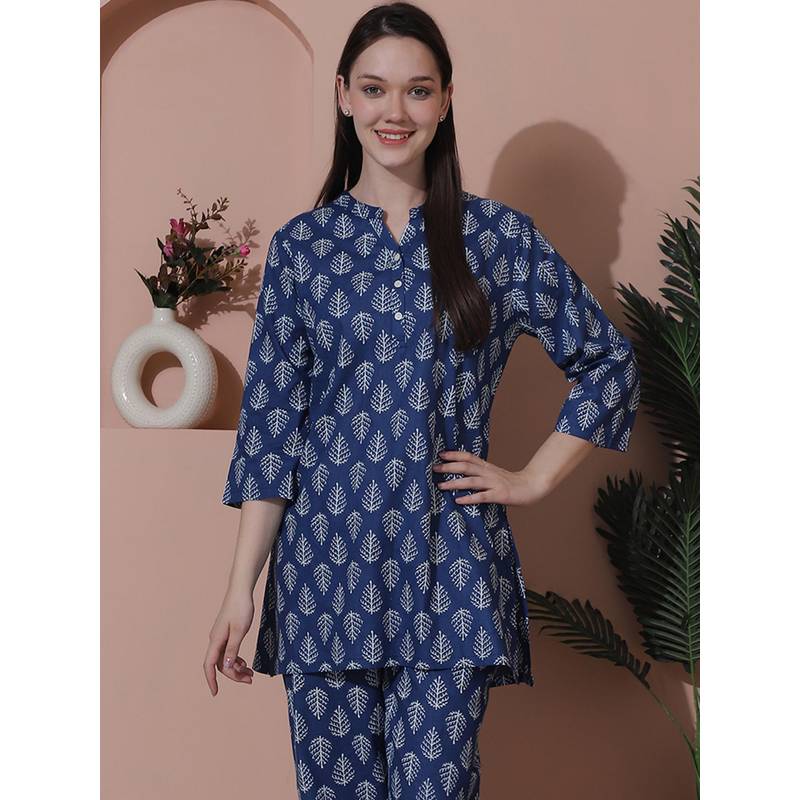 Indreams Summer Cotton Woven Kurti Blue (XL)