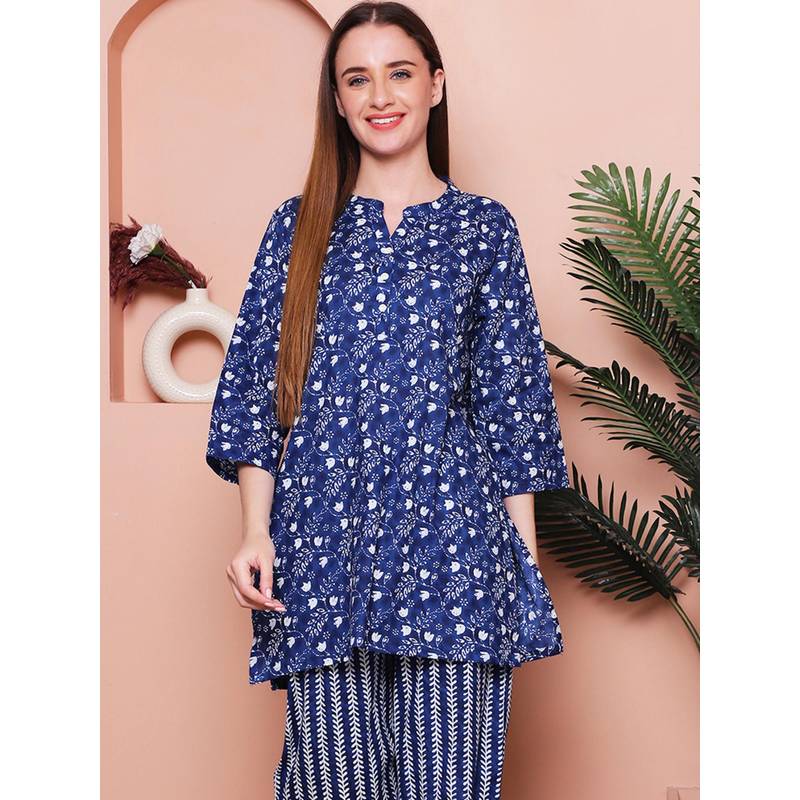 Indreams Summer Cotton Woven Kurti Blue (L)