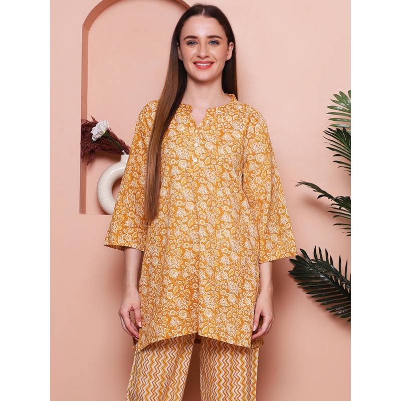 Indreams Summer Cotton Woven Kurti Yellow (L)