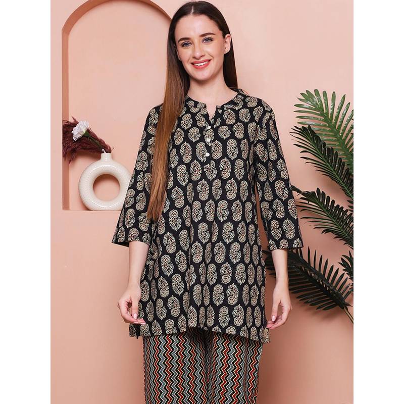 Indreams Summer Cotton Woven Kurti Black (2XL)