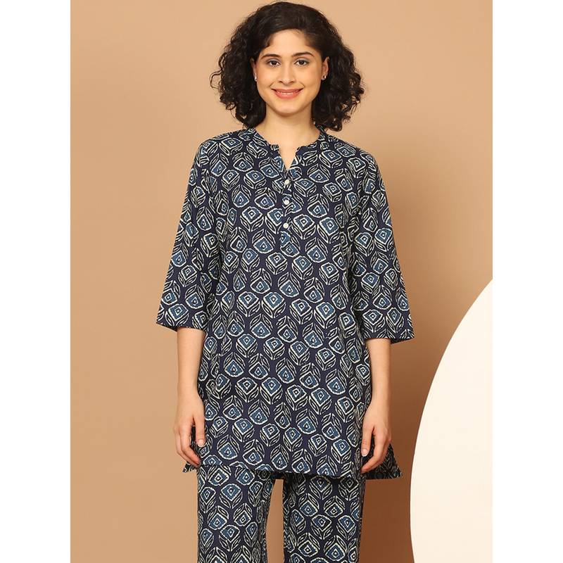 Indreams Summer Cotton Woven Kurti Navy Blue (3XL)
