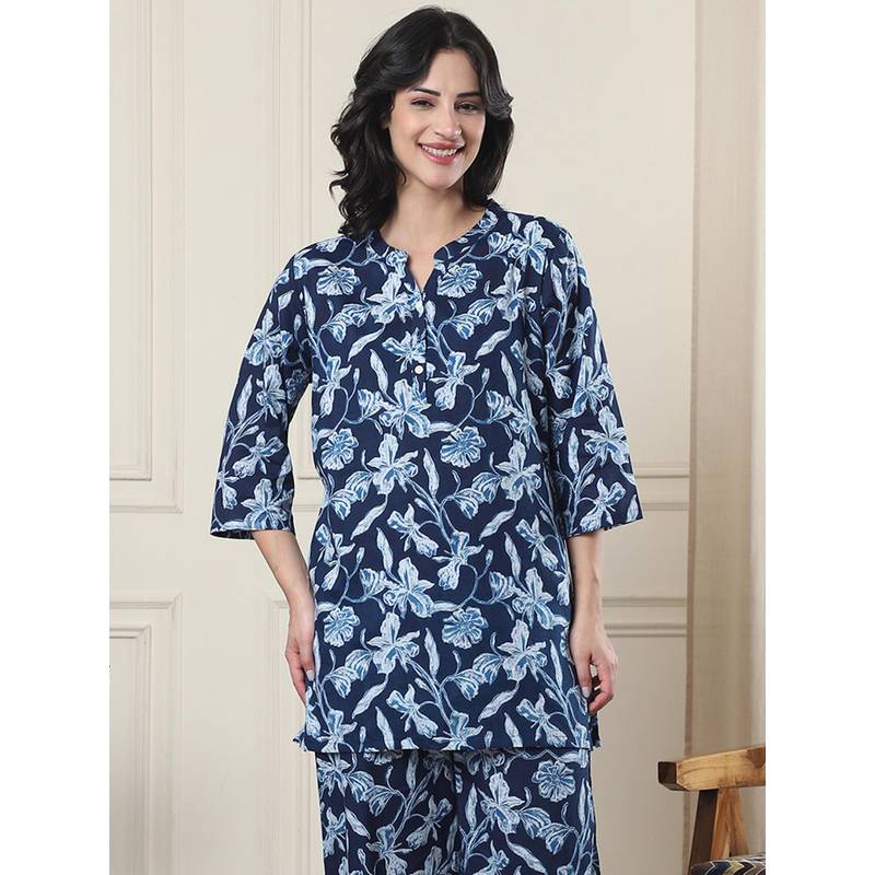 Indreams Summer Cotton Woven Kurti Navy Blue (2XL)