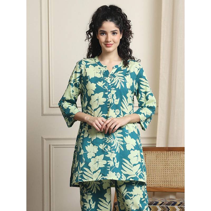 Indreams Summer Cotton Woven Kurti Green (M)