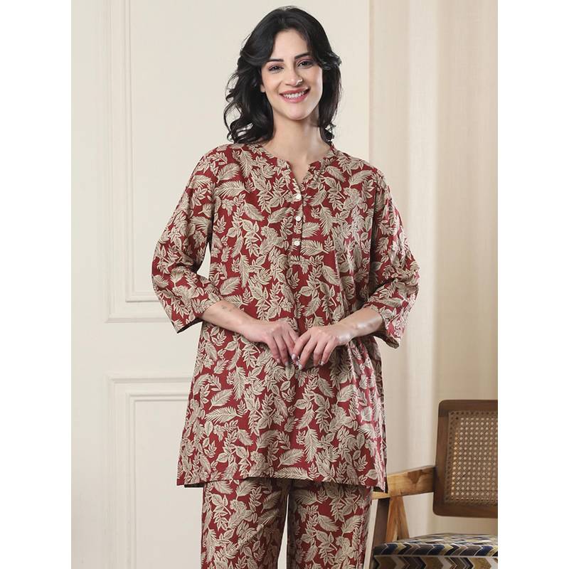 Indreams Summer Cotton Woven Kurti Maroon (2XL)