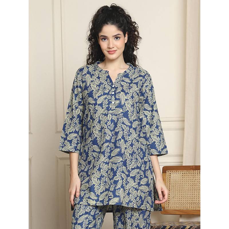 Indreams Summer Cotton Woven Kurti Blue (L)
