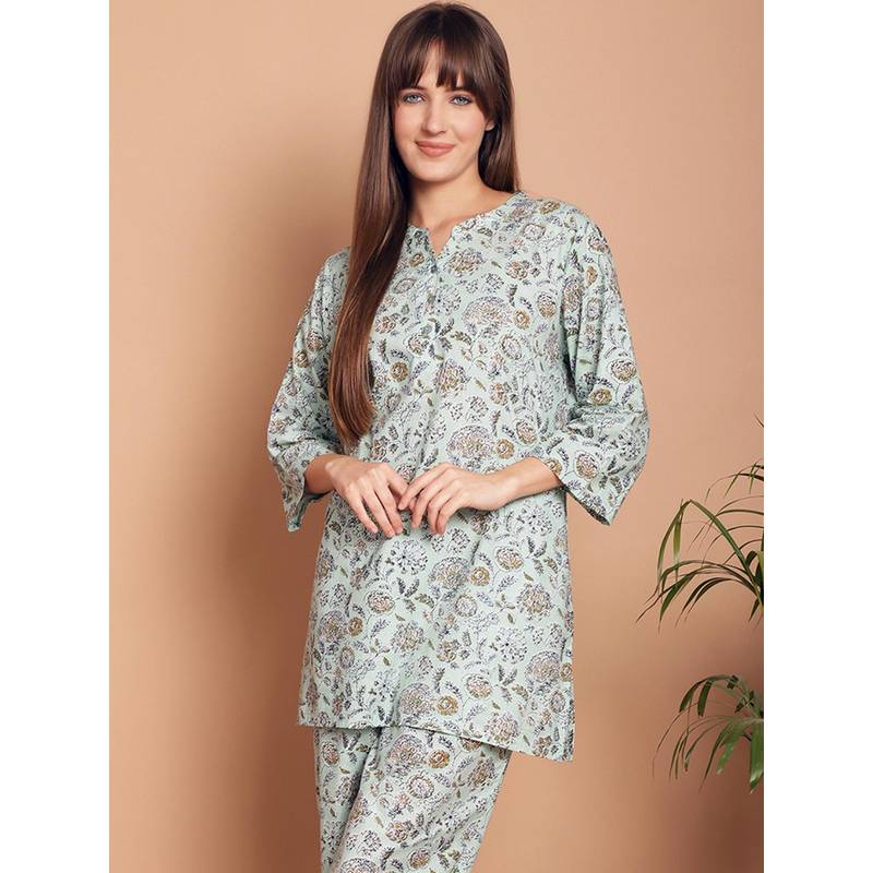 Indreams Summer Cotton Woven Kurti Green (XL)