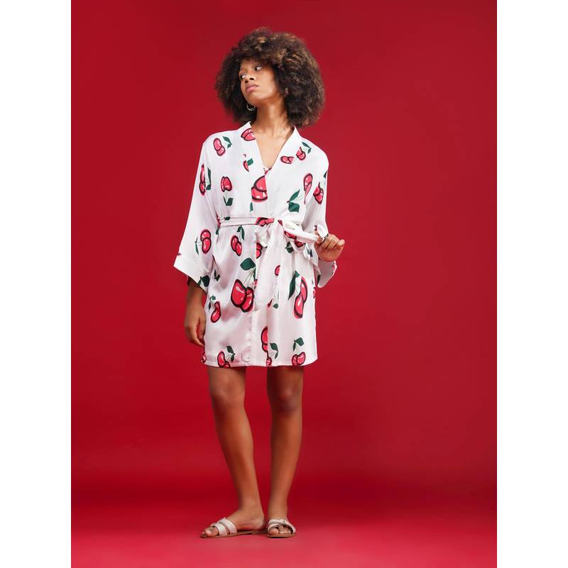 Noite Luxe Cherry Pop Women Elegant Satin Robe Soft Luxury Comfort (XS)