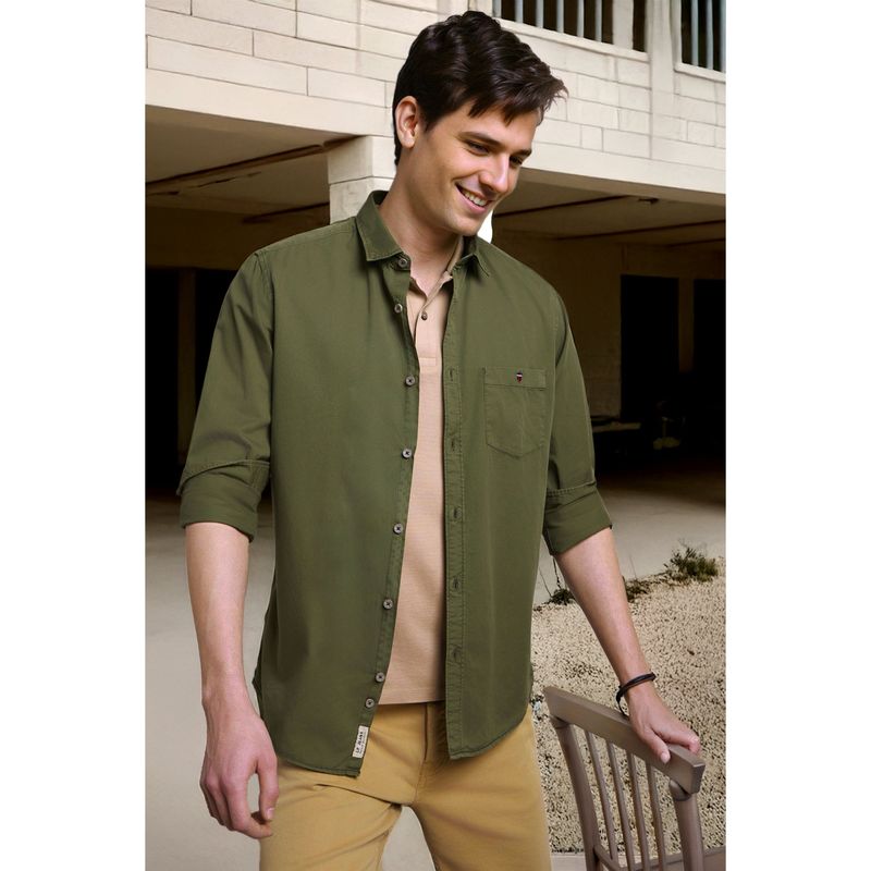 Louis Philippe Mens Soft Feel Over Dyed Solid Olive Slim fit Casual Shirt (39)