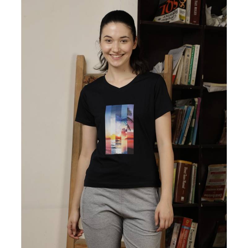 VIEVIANA Womens Black V-Neck T-Shirt (L)