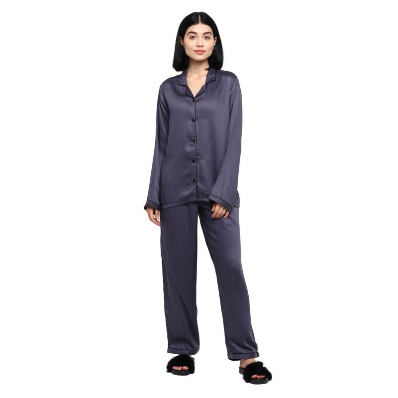 Shopbloom Ultra Soft Dark Grey Modal Satin Long Sleeve Women's Night Suit |Lounge Wear - Grey (L)