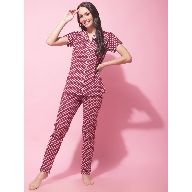 Secret Wish Womens Maroon Hosiery Ethnic Printed Night Suit (Set of 2) (XL)