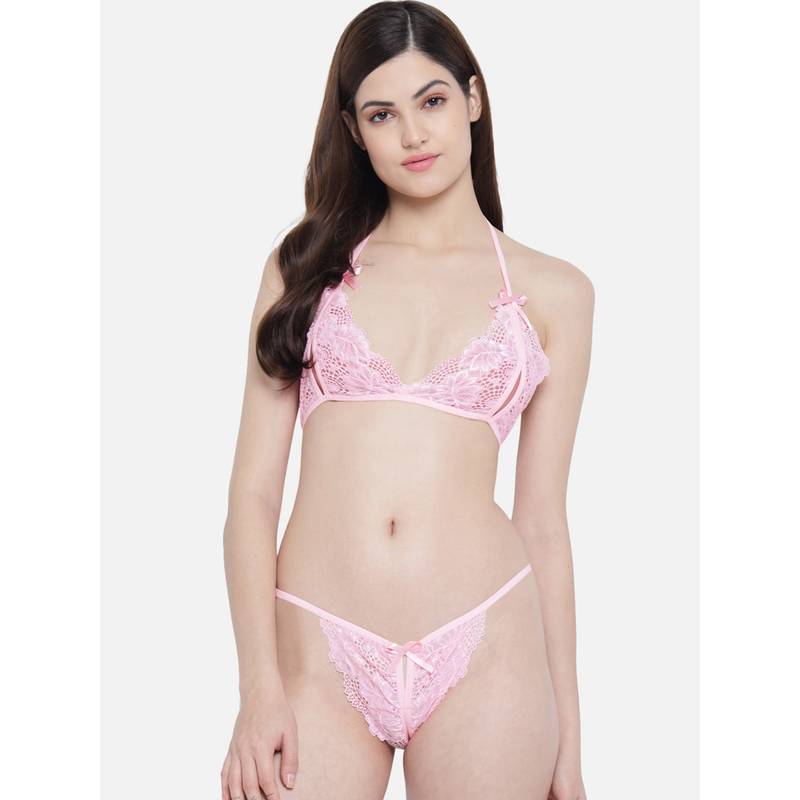 Secrets by Zerokaata Women Pink Lace Lingerie Set (L)