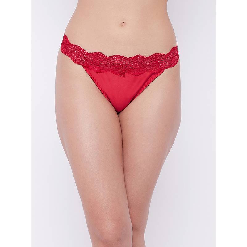 Secrets by Zerokaata Women Red Self Design Lace and Power Net Thong Briefs (M)