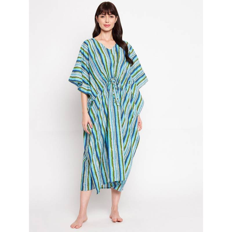 Secrets By ZeroKaata Pure Cotton Striped Kaftan Long Nightdress For Women Multi-Color (5XL)