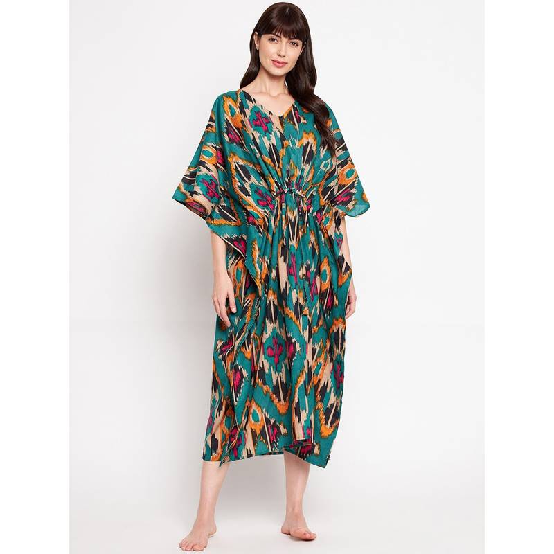 Secrets By ZeroKaata Pure Cotton Ikkat Printed Kaftan Long Nightdress For Women Multi-Color (XXL)