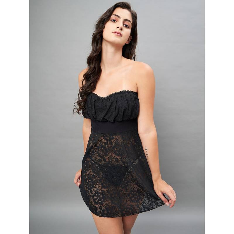 Secrets By ZeroKaata Women Self Design Strapless Lace Baby Doll Lingerie - Black (S)