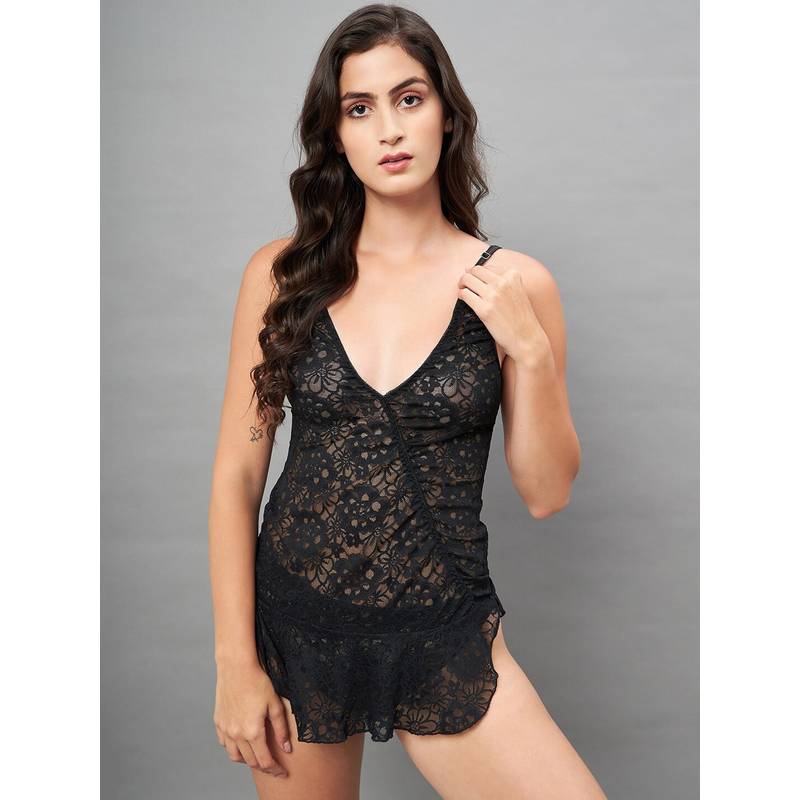 Secrets By ZeroKaata Women Self Design Lace Baby Doll Lingerie - Black (S)