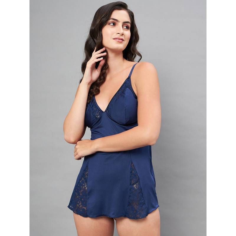 Secrets By ZeroKaata Women Solid Short Baby Doll Lingerie - Navy Blue (L)
