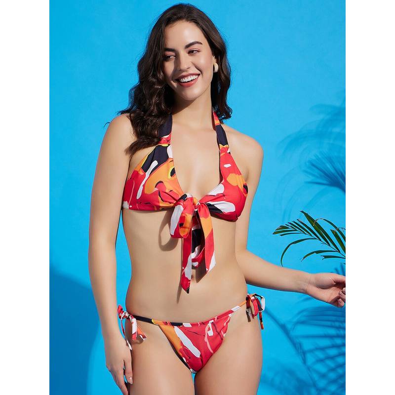 Secrets By ZeroKaata Women Printed Halter Neck Lingerie Red (Set of 2) (S)