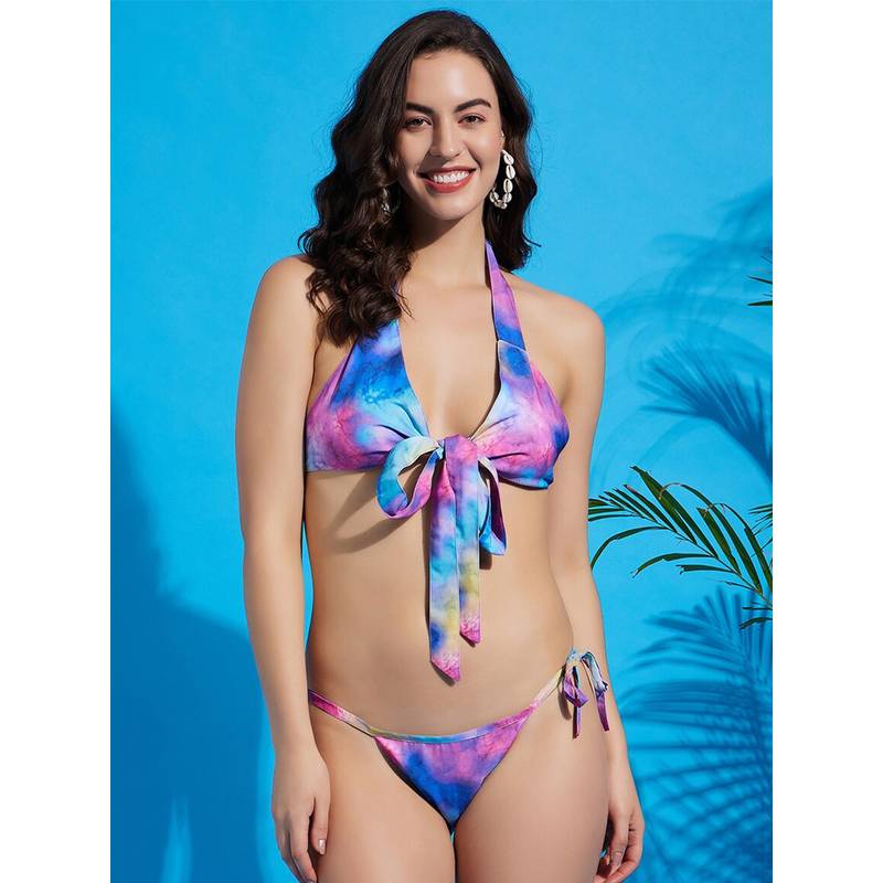 Secrets By ZeroKaata Women Printed Halter Neck Lingerie Blue (Set of 2) (XS)