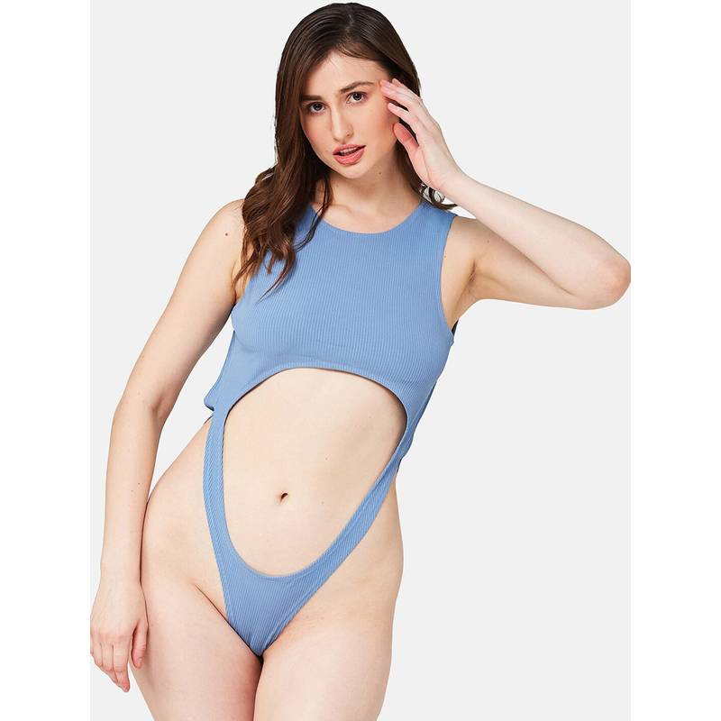 Secrets By ZeroKaata Women Ribbed Solid Swimwear Bodysuit Blue (XS)